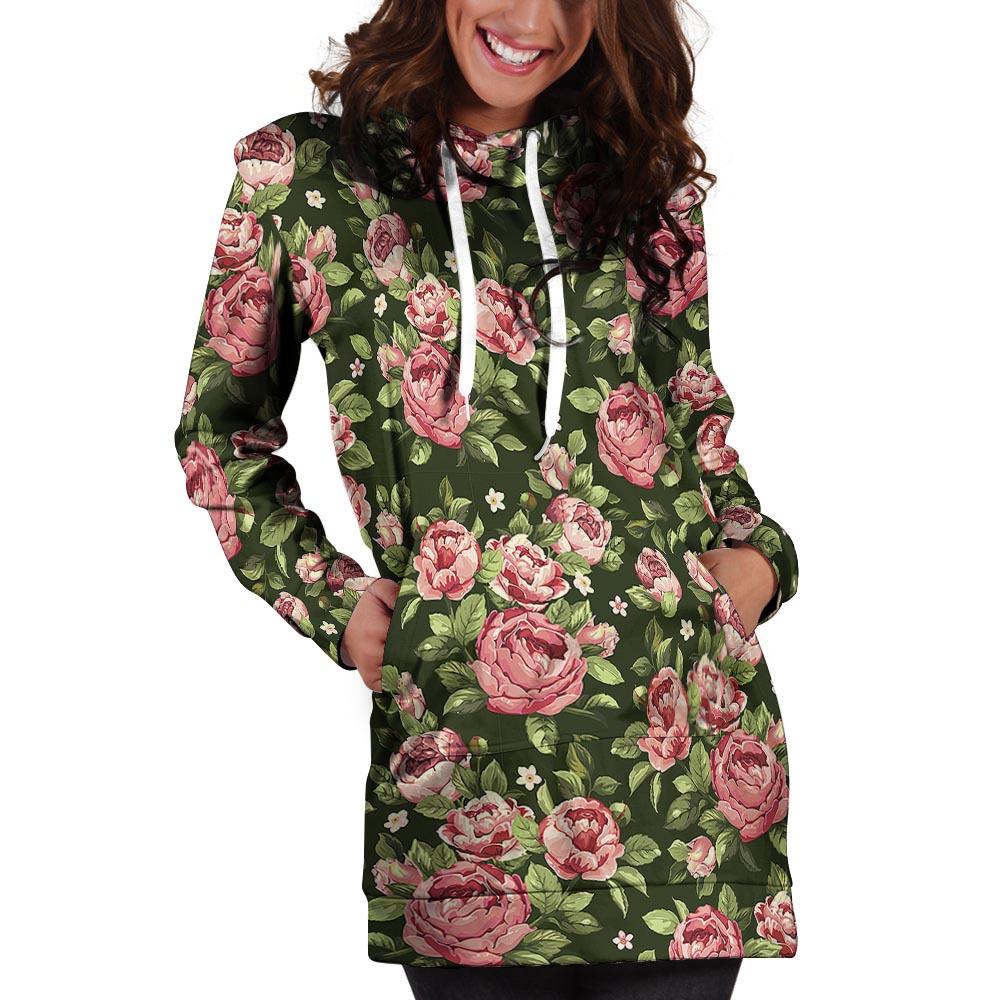 Vintage Pink Rose Floral Print Hoodie Dress-grizzshop