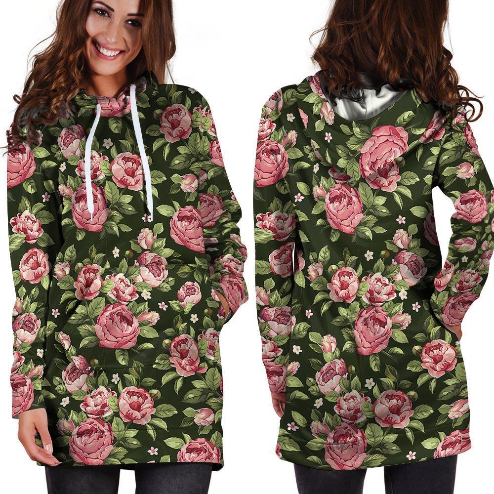 Vintage Pink Rose Floral Print Hoodie Dress-grizzshop