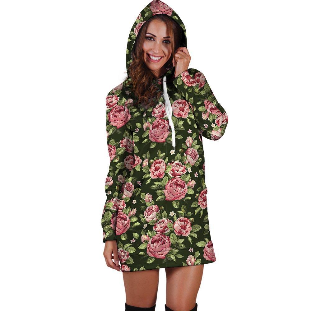 Vintage Pink Rose Floral Print Hoodie Dress-grizzshop