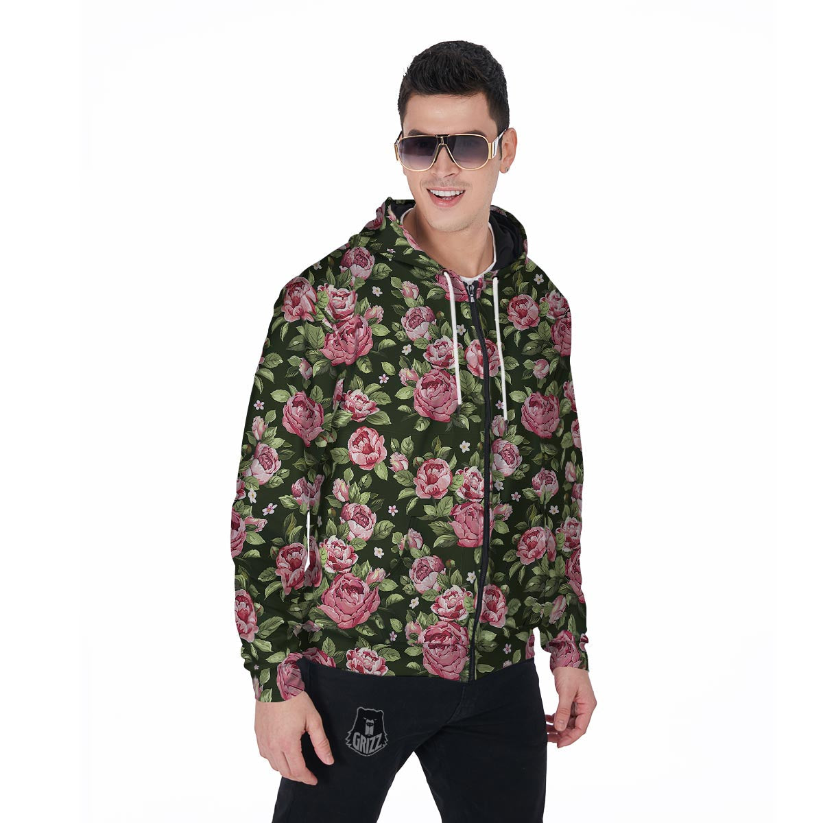 Vintage Pink Rose Floral Print Men's Zip Up Hoodie-grizzshop