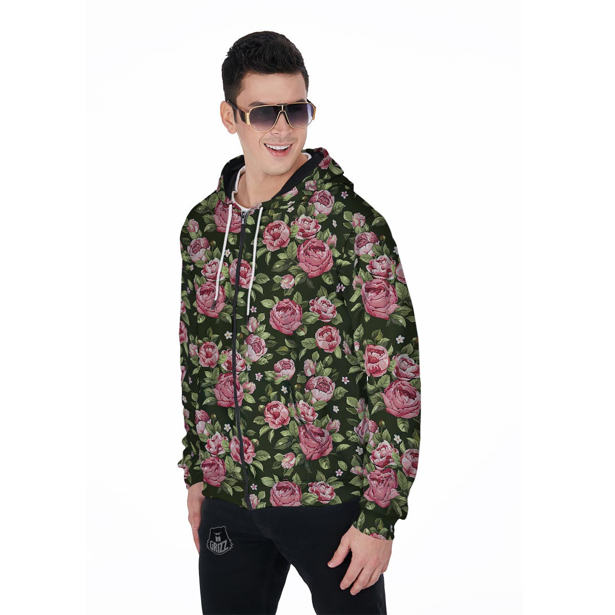 Vintage Pink Rose Floral Print Men's Zip Up Hoodie-grizzshop