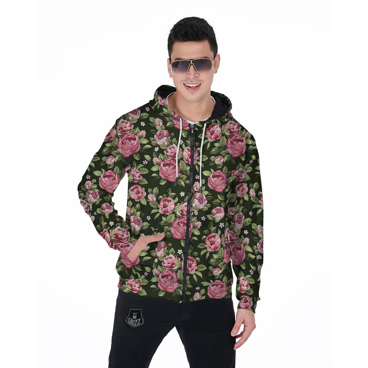 Vintage Pink Rose Floral Print Men's Zip Up Hoodie-grizzshop