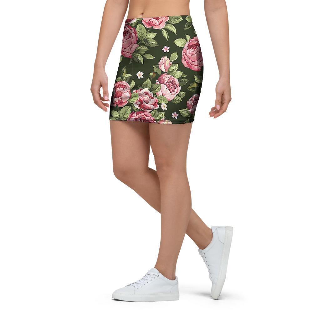Vintage Pink Rose Floral Print Mini Skirt-grizzshop