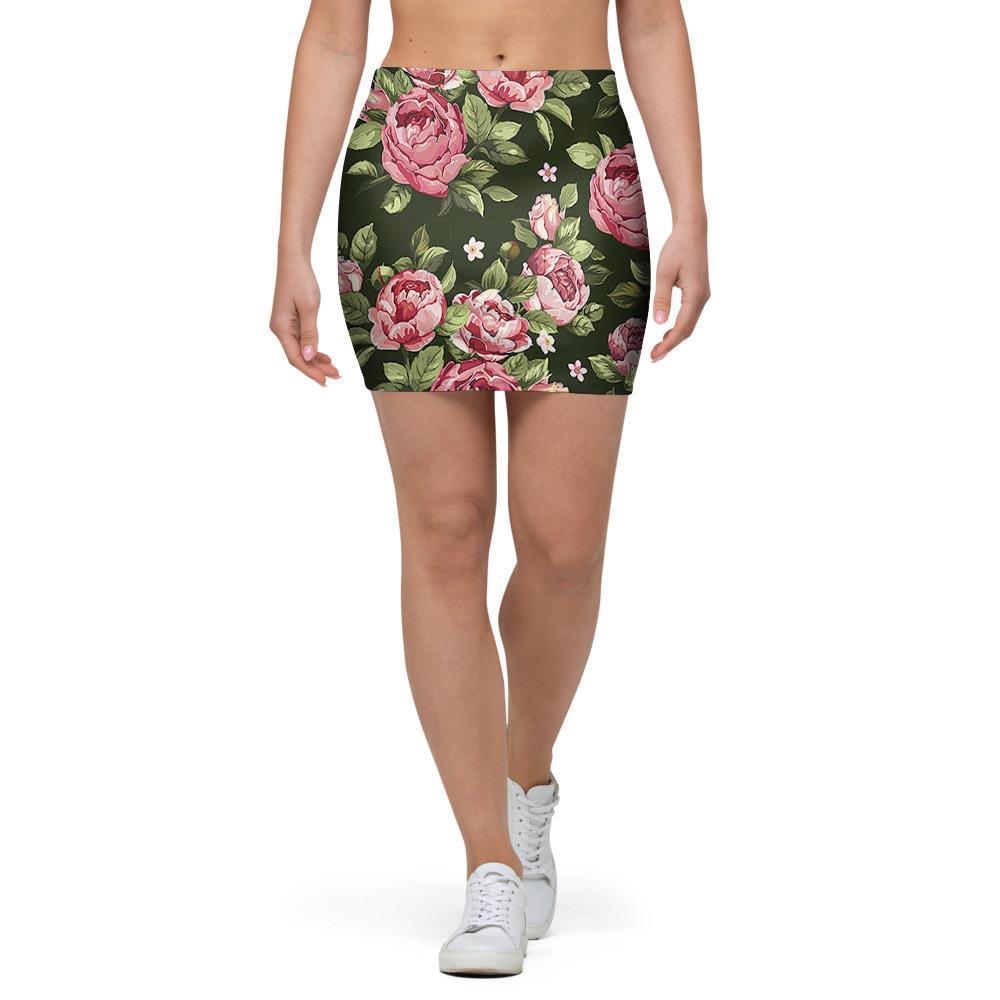 Vintage Pink Rose Floral Print Mini Skirt-grizzshop