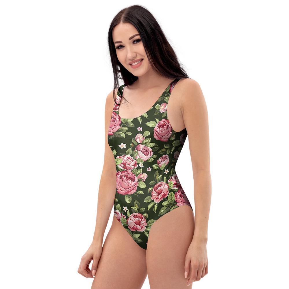Vintage Pink Rose Floral Print One Piece Swimsuite-grizzshop