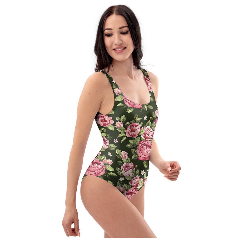 Vintage Pink Rose Floral Print One Piece Swimsuite-grizzshop