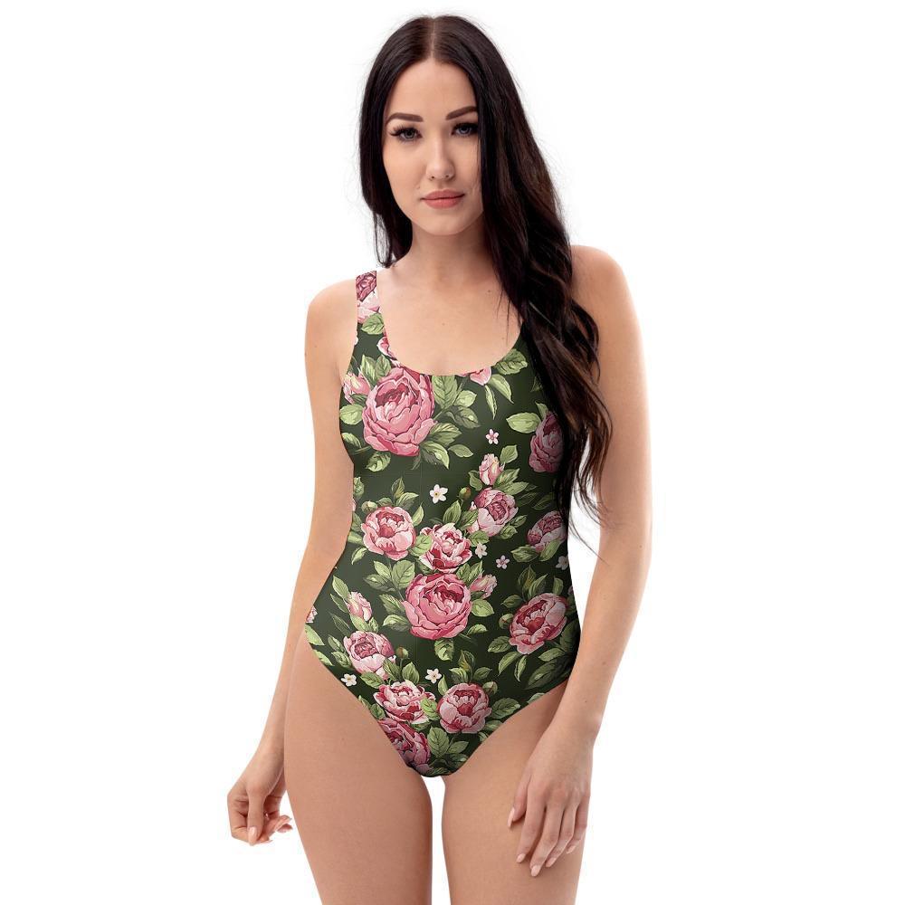 Vintage Pink Rose Floral Print One Piece Swimsuite-grizzshop