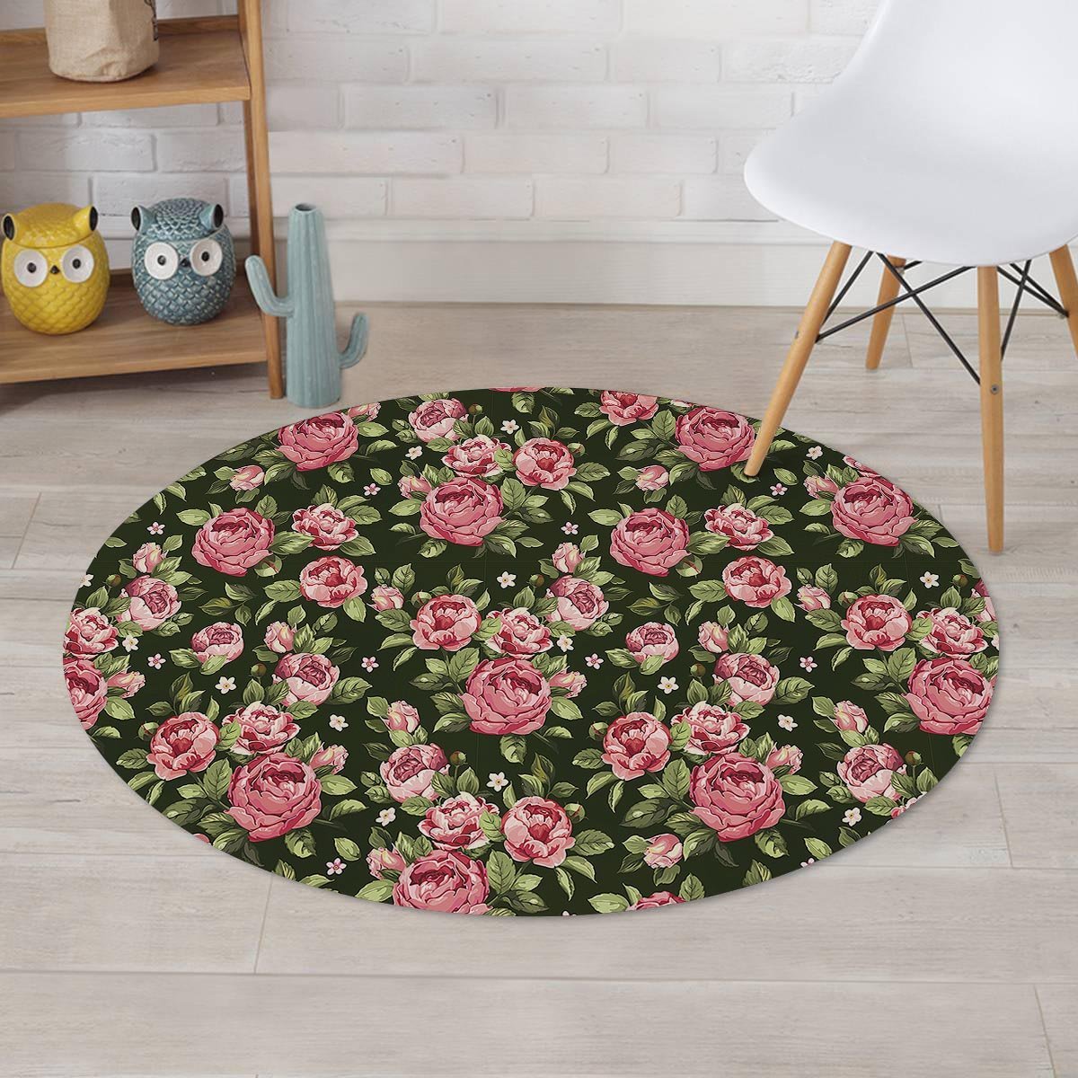 Vintage Pink Rose Floral Print Round Rug-grizzshop