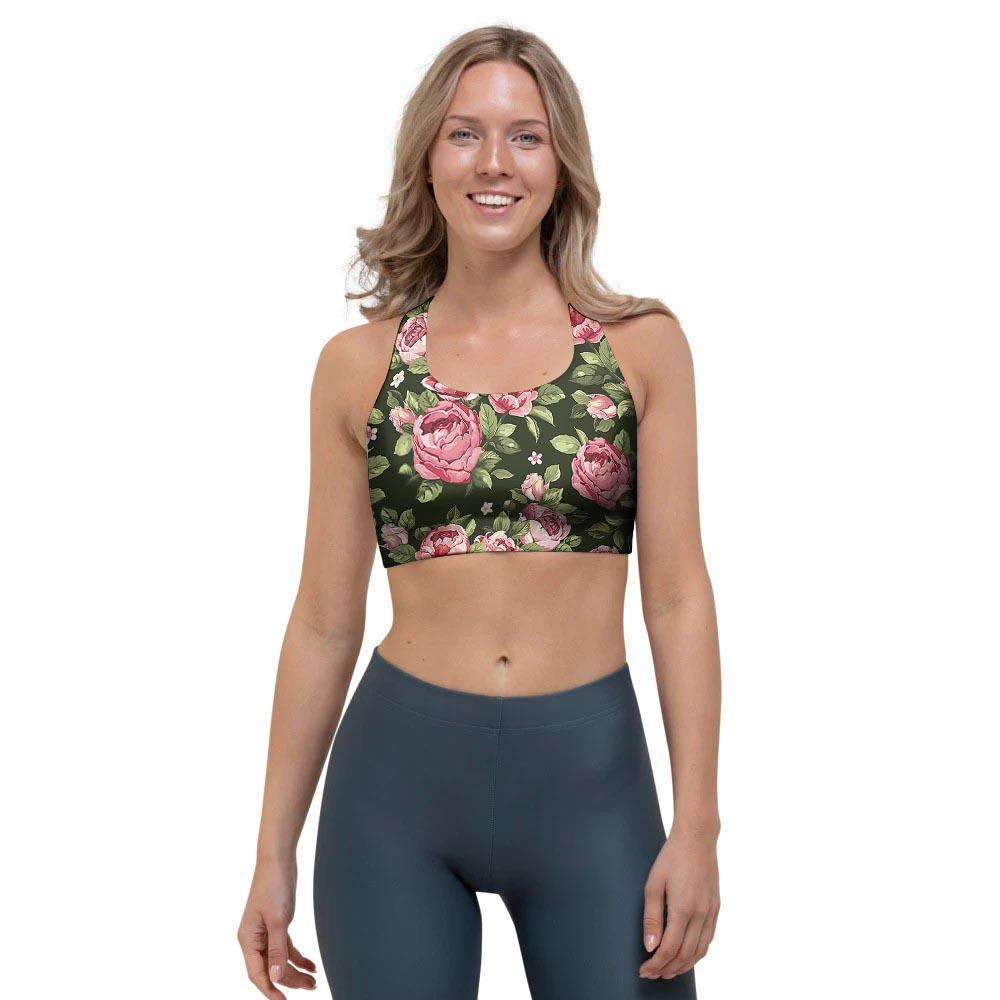 Vintage Pink Rose Floral Print Sports Bra-grizzshop