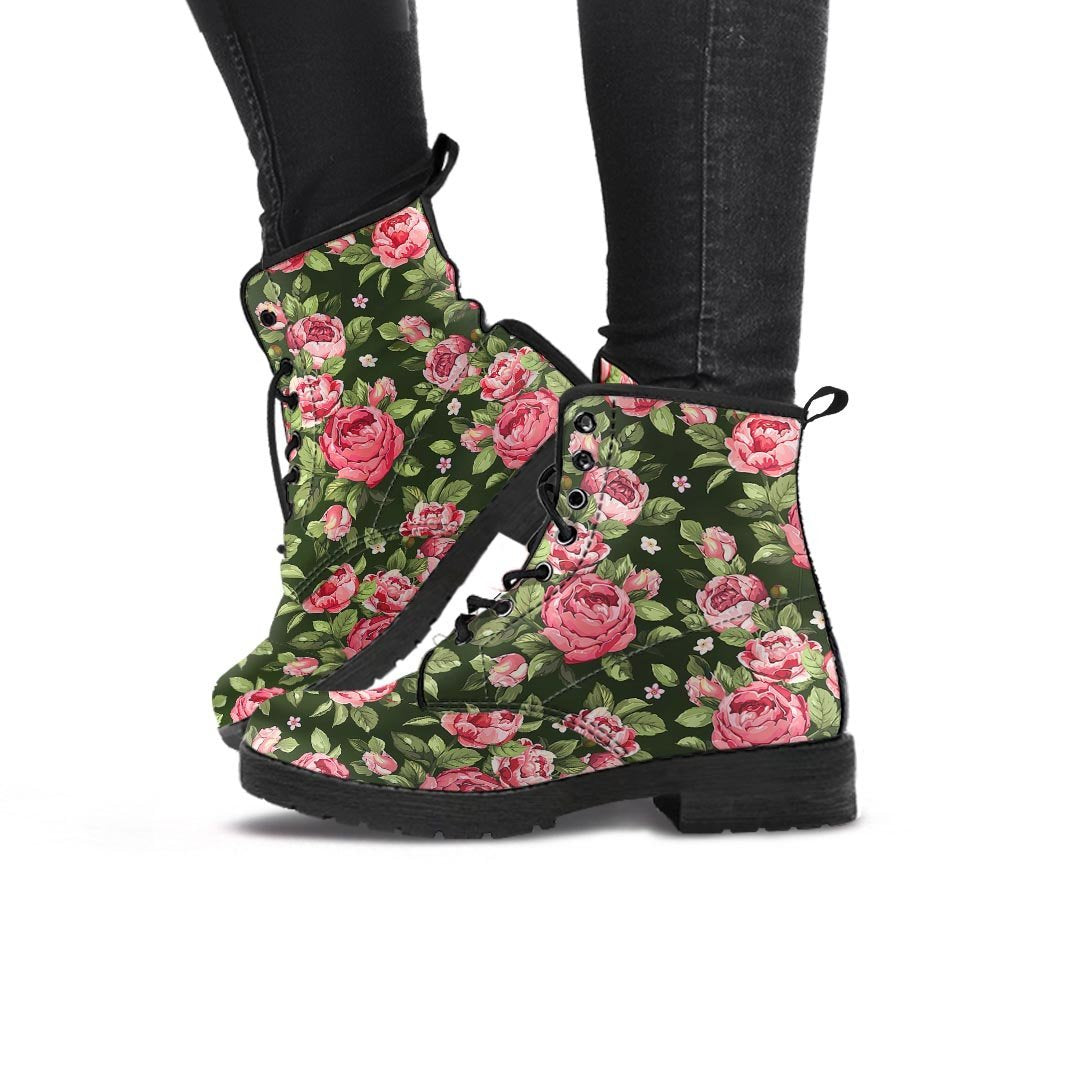 Vintage Pink Rose Floral Print Women's Boots-grizzshop