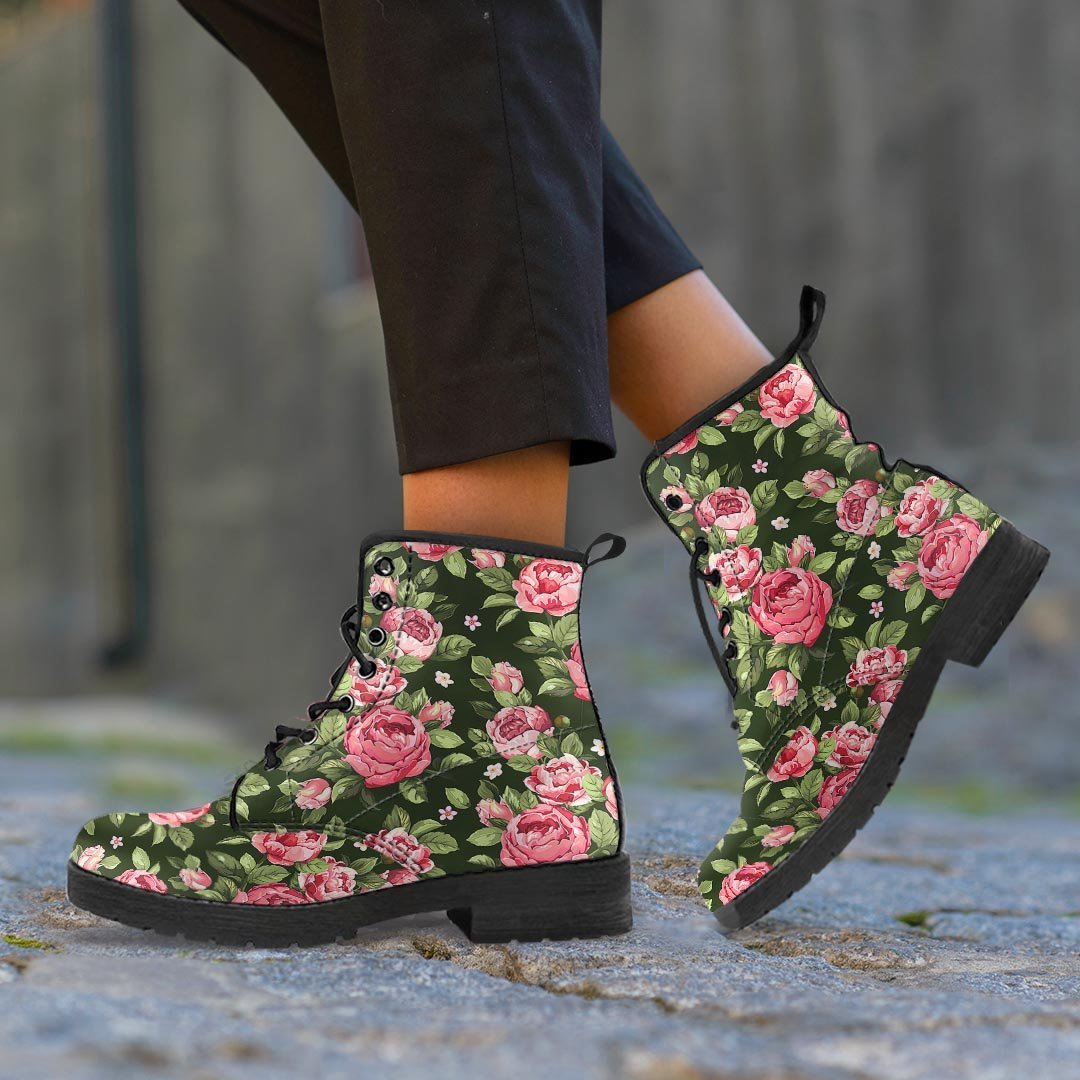 Vintage Pink Rose Floral Print Women's Boots-grizzshop