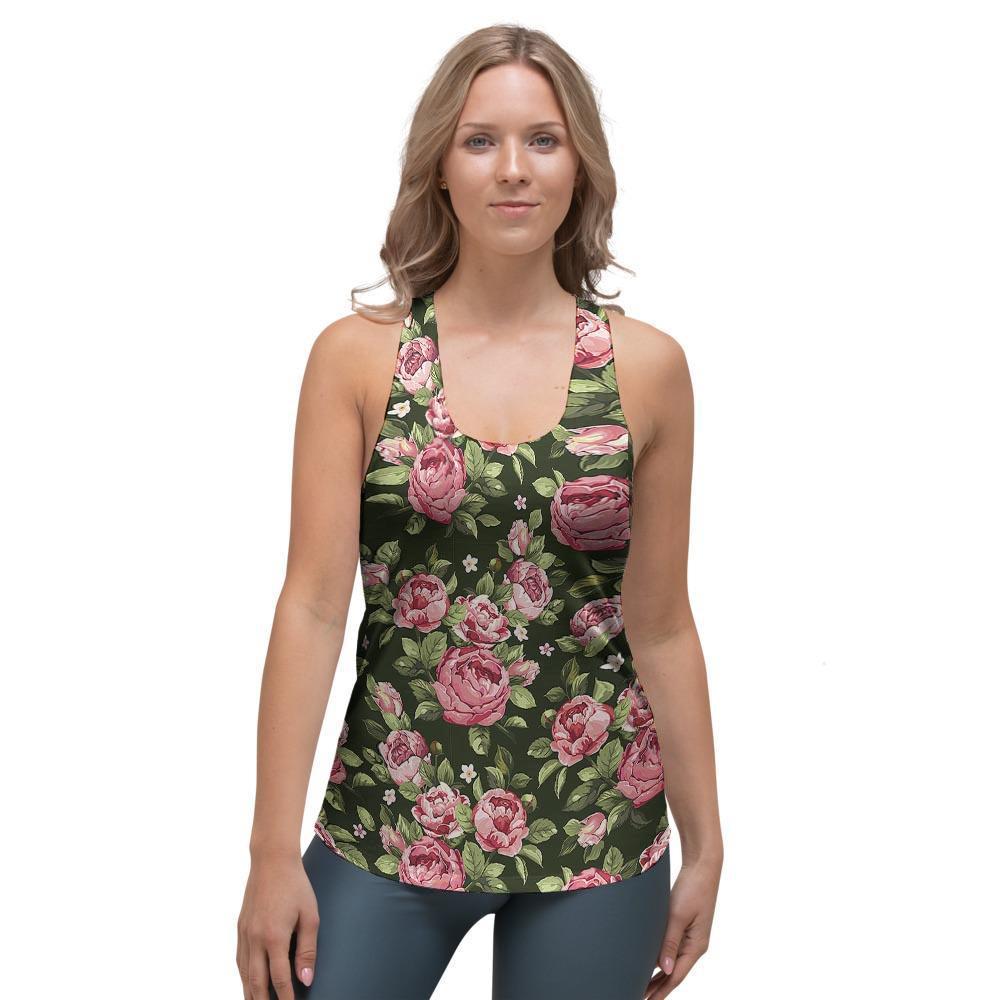 Vintage Pink Rose Floral Print Women's Racerback Tank Top-grizzshop