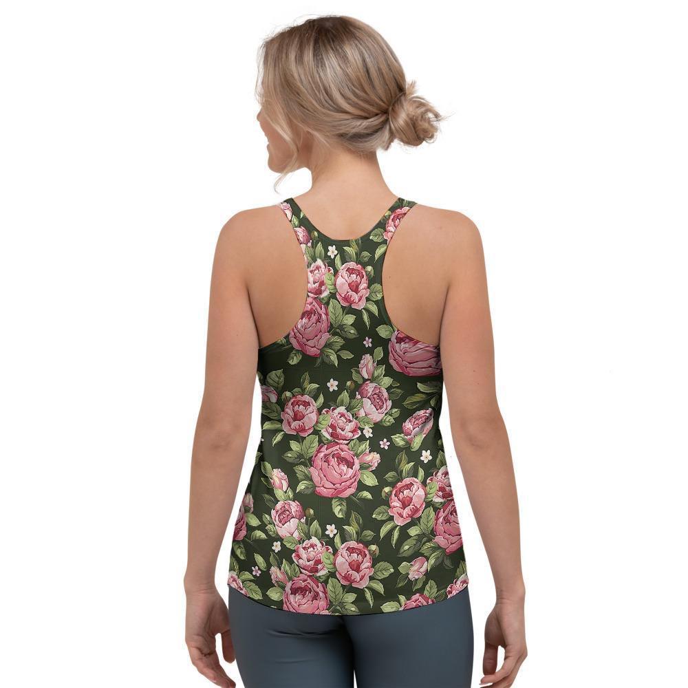 Vintage Pink Rose Floral Print Women's Racerback Tank Top-grizzshop