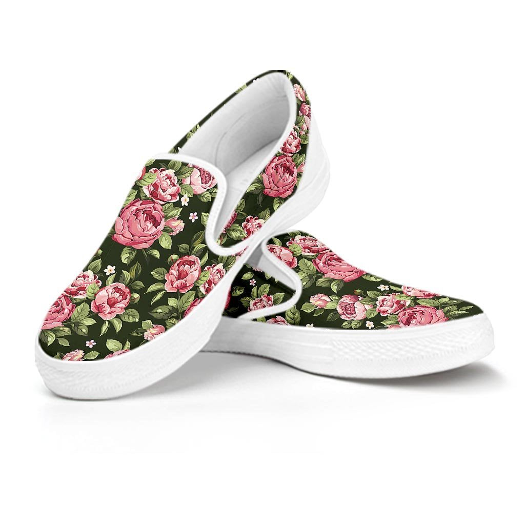 Vintage Pink Rose Floral Print Women's Slip On Sneakers-grizzshop