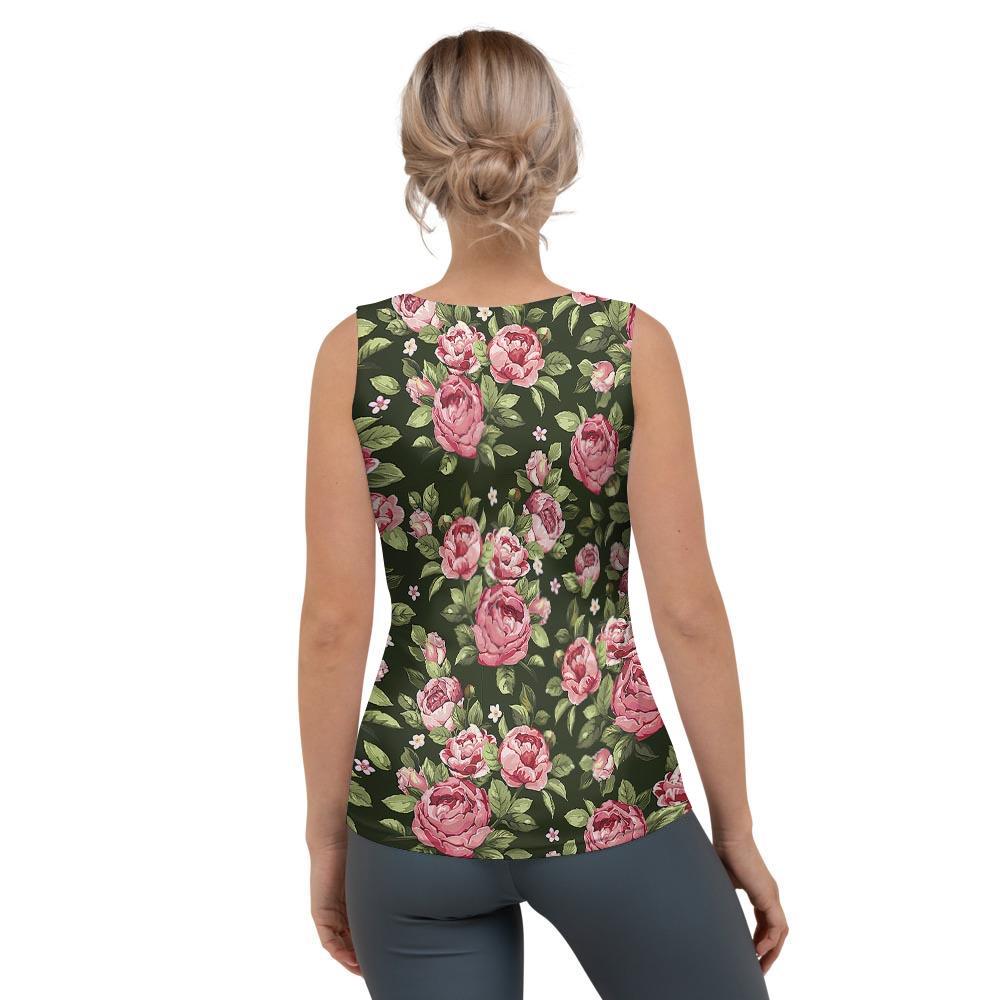 Vintage Pink Rose Floral Print Women's Tank Top-grizzshop