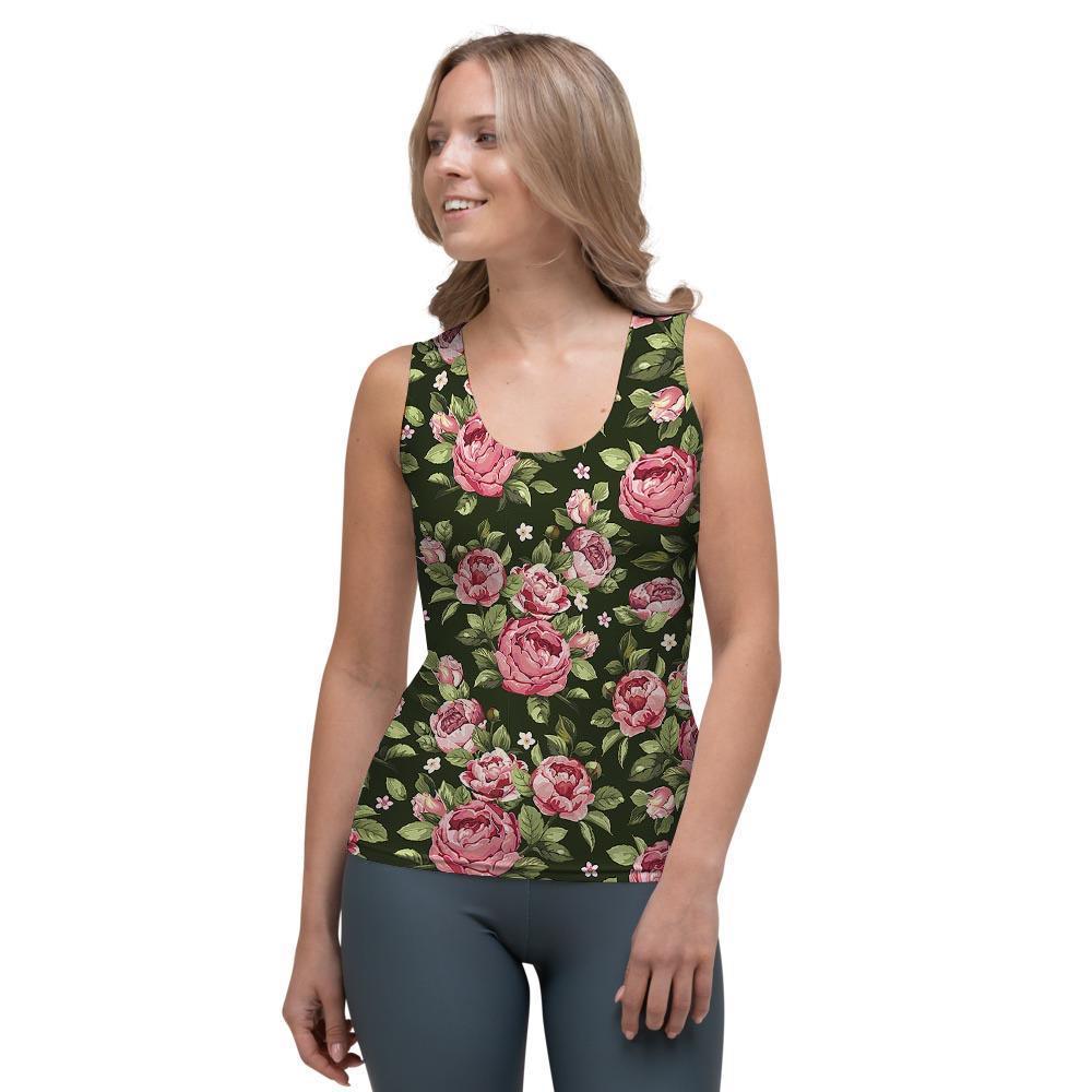 Vintage Pink Rose Floral Print Women's Tank Top-grizzshop