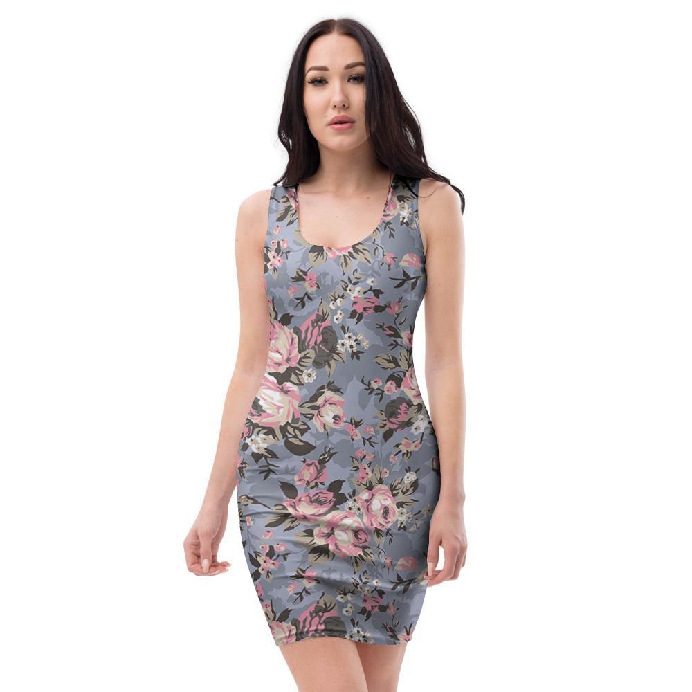 Vintage Pink Rose Flower Print Bodycon Dress-grizzshop
