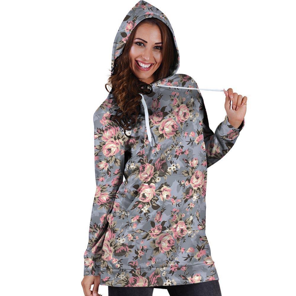 Vintage Pink Rose Flower Print Hoodie Dress-grizzshop