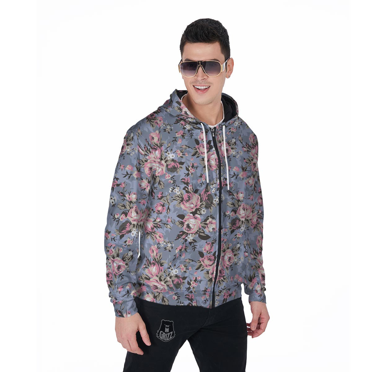 Vintage Pink Rose Flower Print Men's Zip Up Hoodie-grizzshop