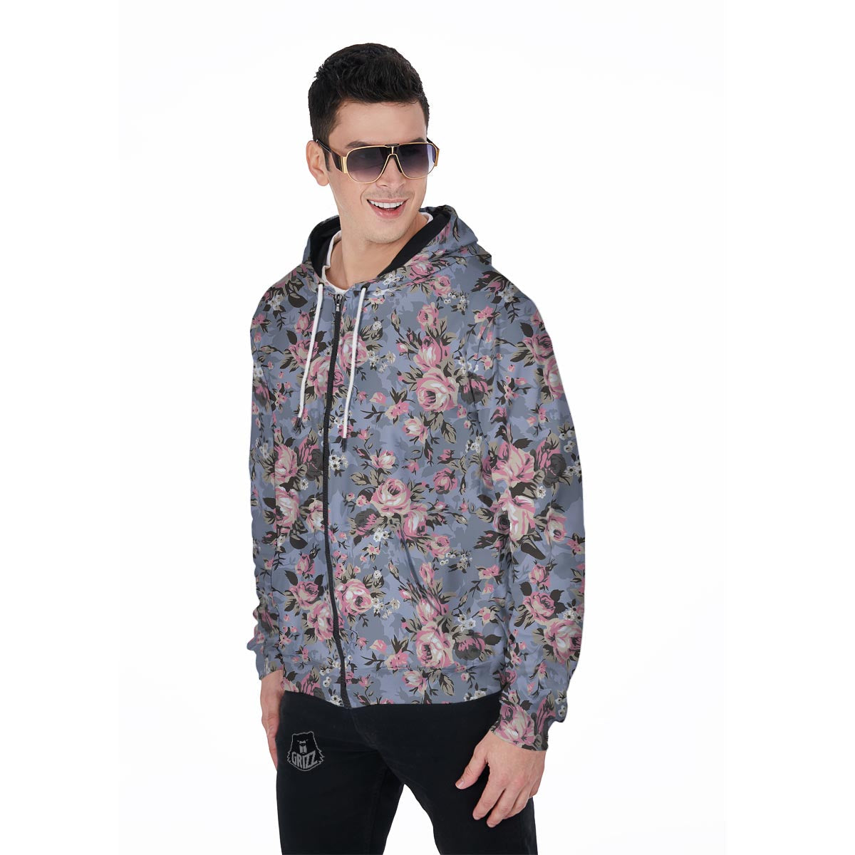 Vintage Pink Rose Flower Print Men's Zip Up Hoodie-grizzshop