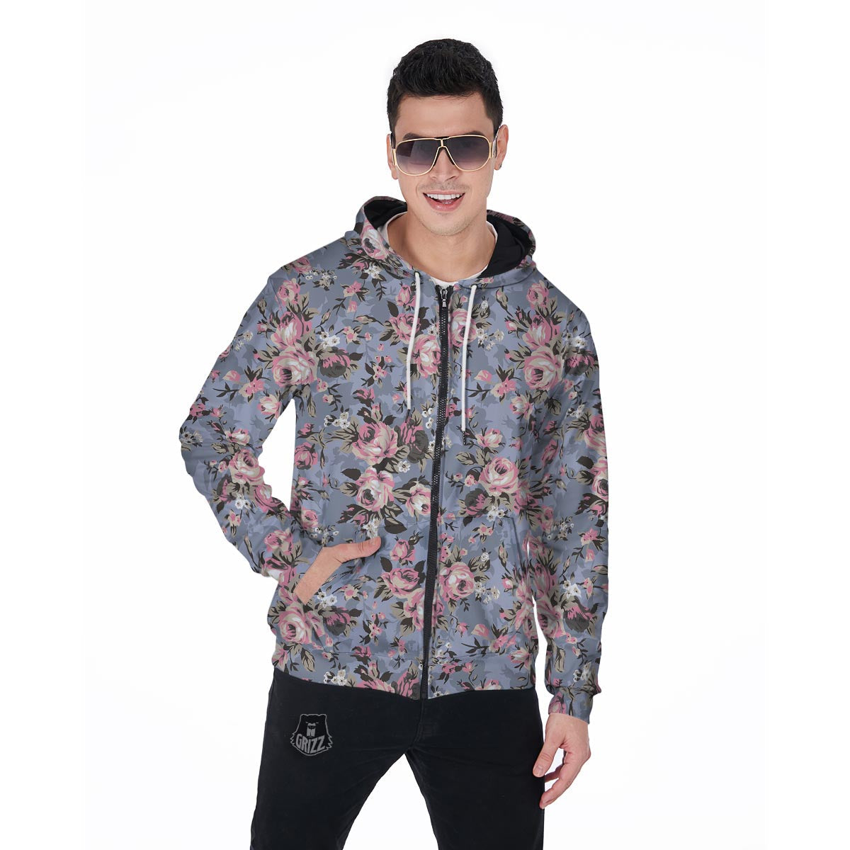 Vintage Pink Rose Flower Print Men's Zip Up Hoodie-grizzshop