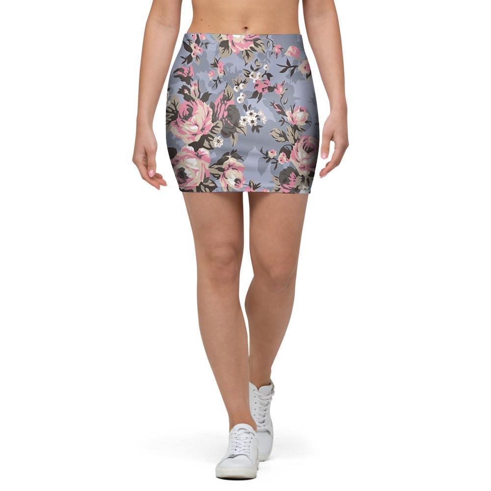 Vintage Pink Rose Flower Print Mini Skirt-grizzshop