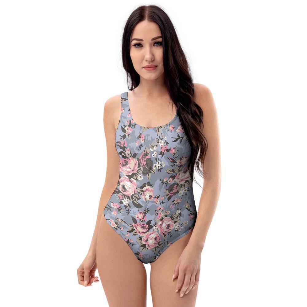 Vintage Pink Rose Flower Print One Piece Swimsuite-grizzshop