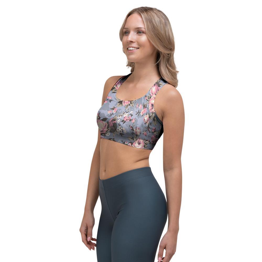 Vintage Pink Rose Flower Print Sports Bra-grizzshop