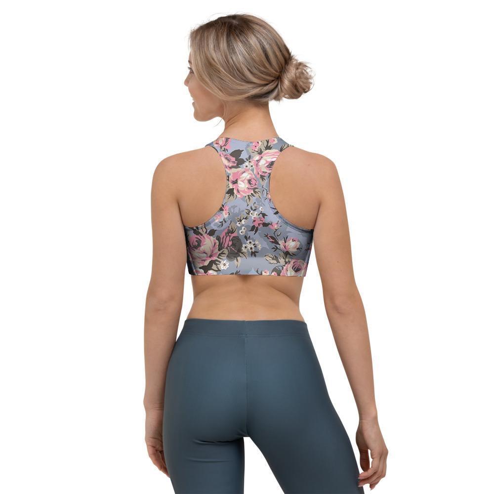 Vintage Pink Rose Flower Print Sports Bra-grizzshop