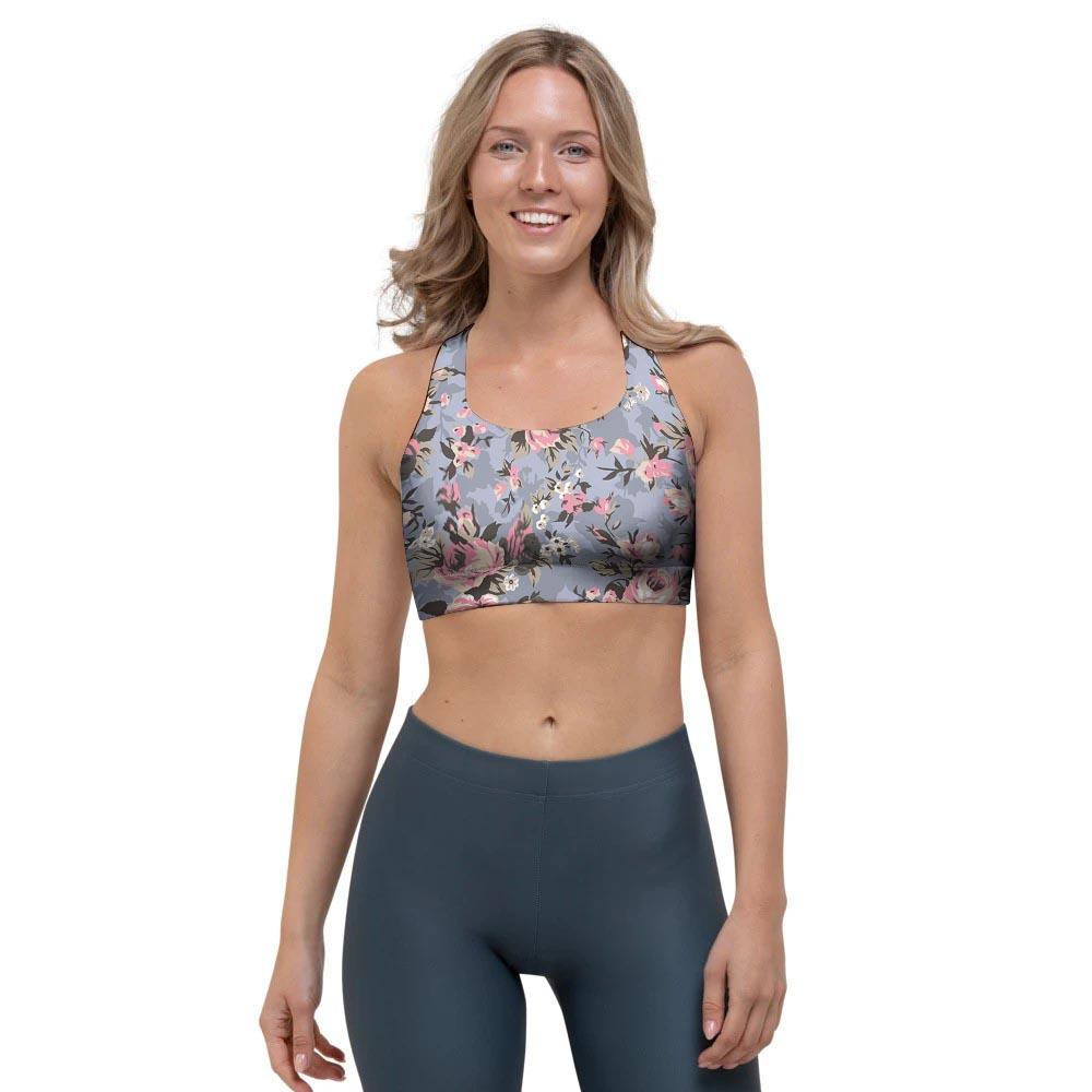 Vintage Pink Rose Flower Print Sports Bra-grizzshop