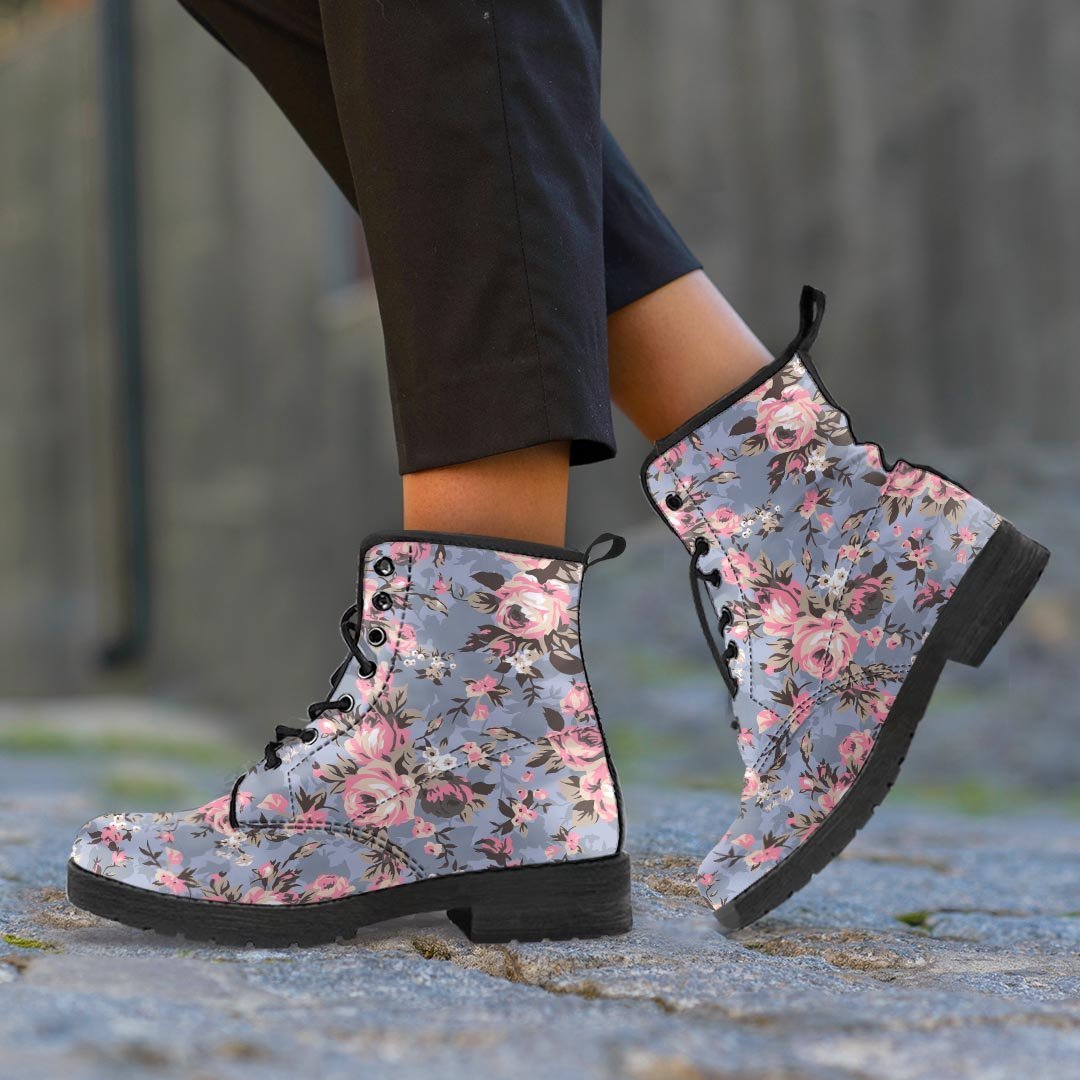 Vintage Pink Rose Flower Print Women's Boots-grizzshop