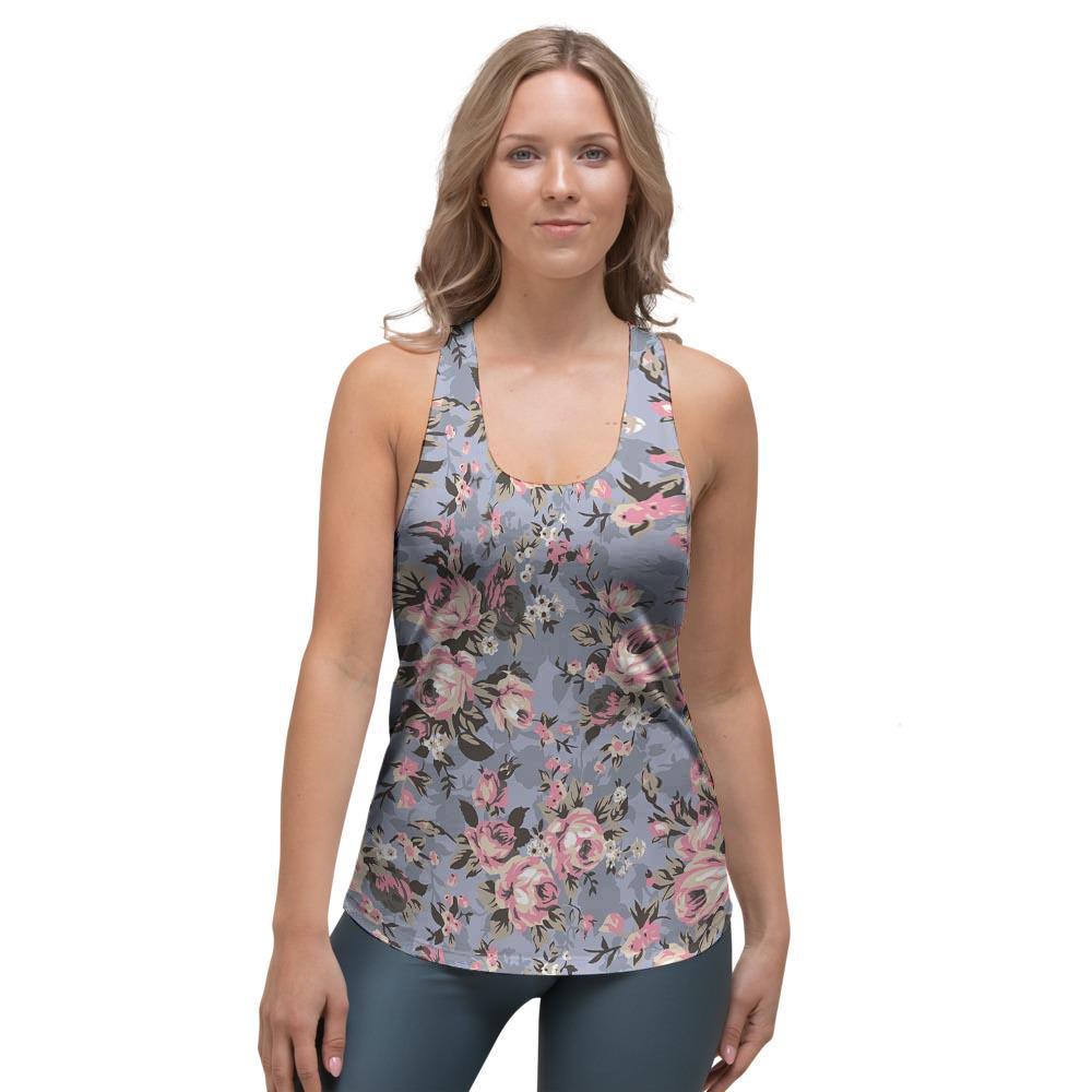 Vintage Pink Rose Flower Print Women's Racerback Tank Top-grizzshop