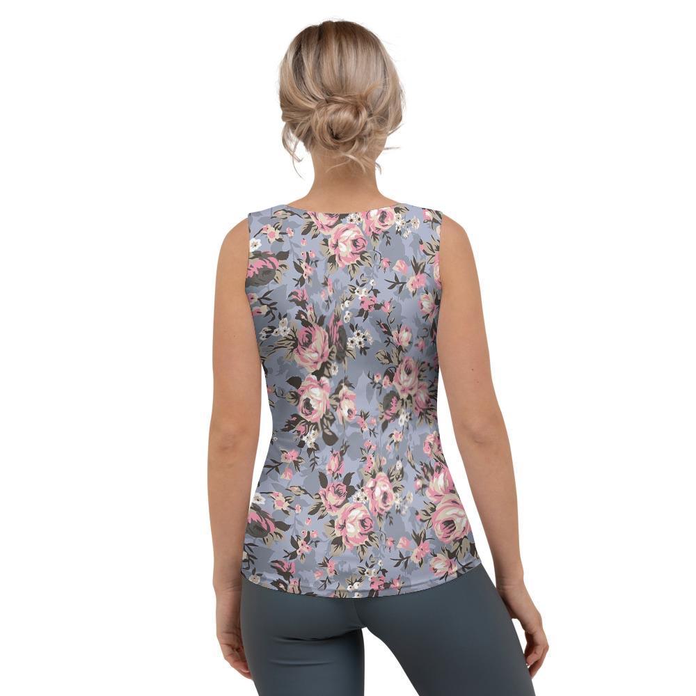 Vintage Pink Rose Flower Print Women's Tank Top-grizzshop