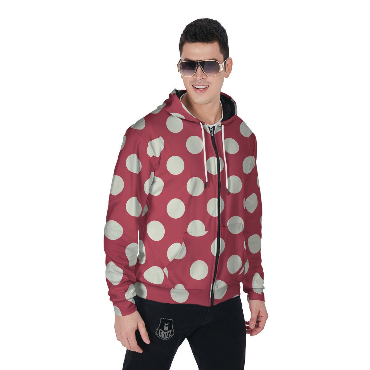 Vintage Red Polka Dot Men's Zip Up Hoodie-grizzshop
