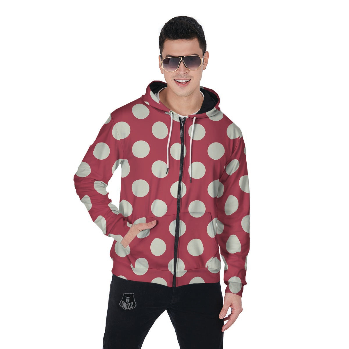 Vintage Red Polka Dot Men's Zip Up Hoodie-grizzshop