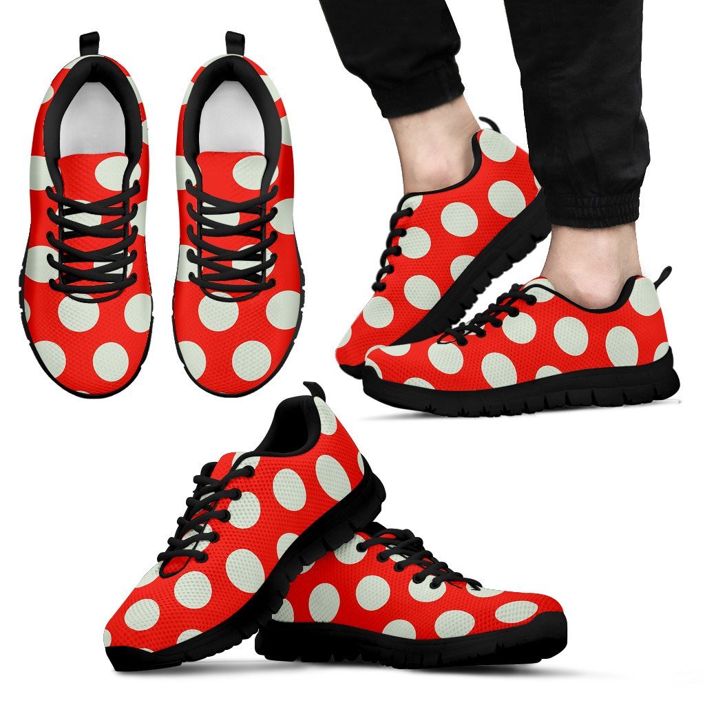 Vintage Red White Polka Dot Pattern Print Black Sneaker Shoes For Men Women-grizzshop