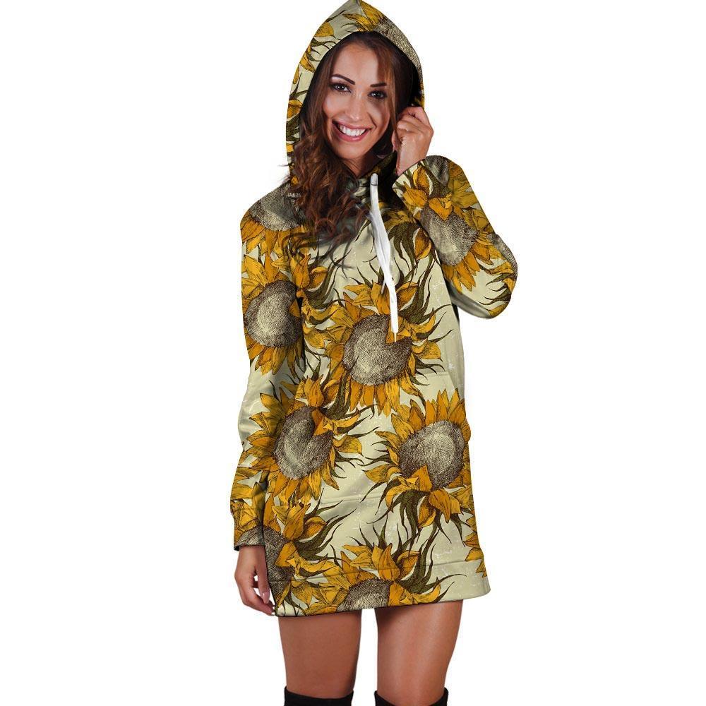 Vintage Sunflower Hoodie Dress-grizzshop