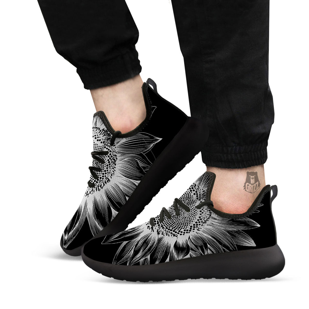 Vintage Sunflower White And Black Print Black Athletic Shoes-grizzshop