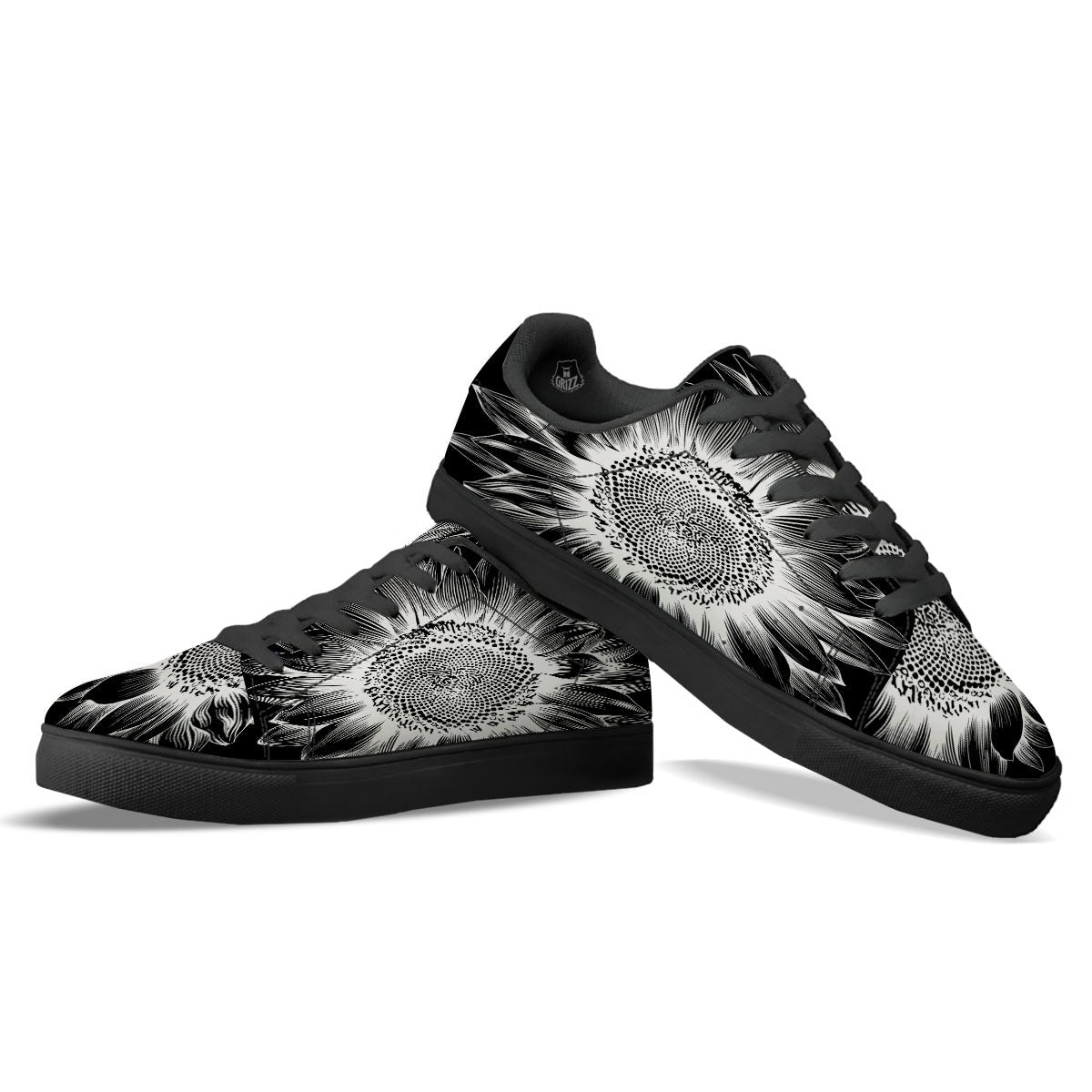 Vintage Sunflower White And Black Print Black Low Top Sneakers-grizzshop