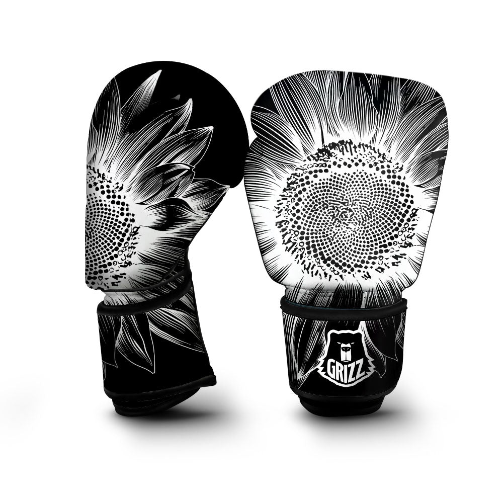 Vintage Sunflower White And Black Print Boxing Gloves-grizzshop