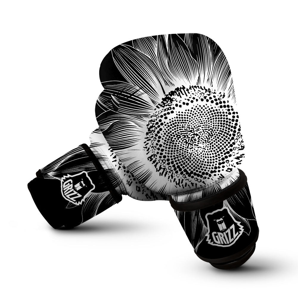 Vintage Sunflower White And Black Print Boxing Gloves-grizzshop