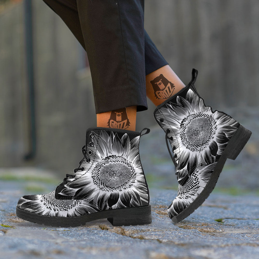 Vintage Sunflower White And Black Print Leather Boots-grizzshop