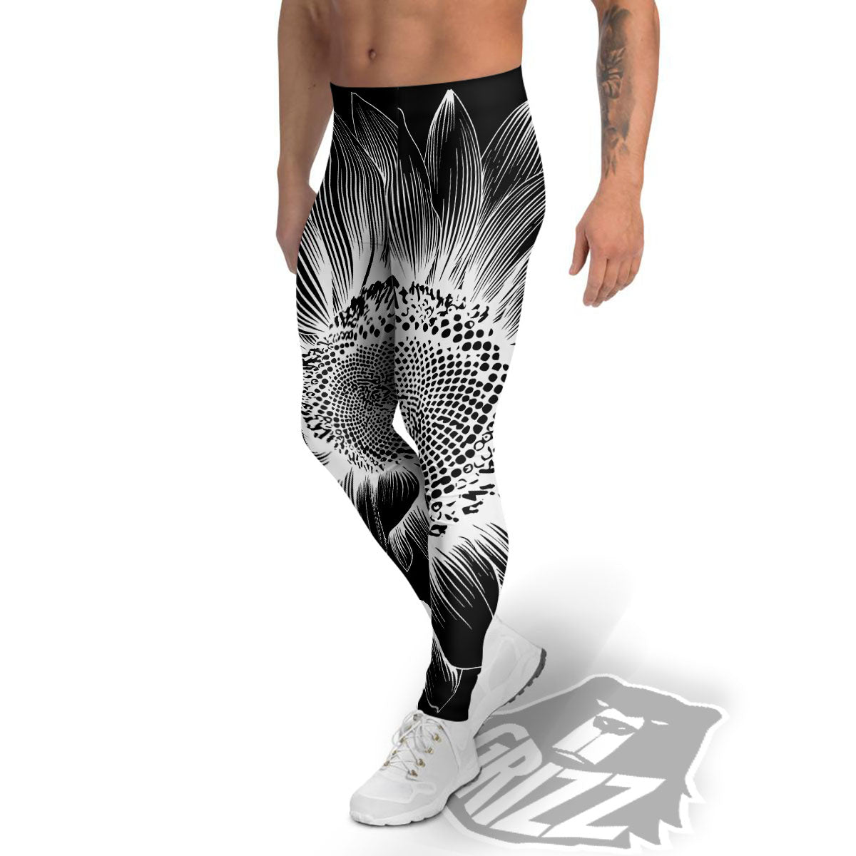 Vintage Sunflower White And Black Print Men's Leggings-grizzshop