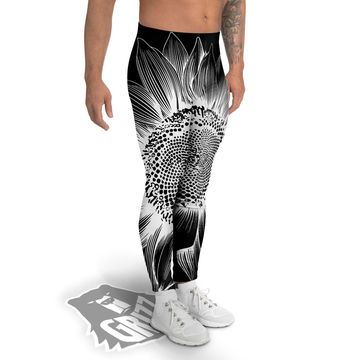 Vintage Sunflower White And Black Print Men's Leggings-grizzshop