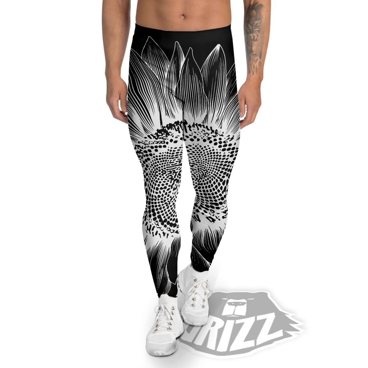 Vintage Sunflower White And Black Print Men's Leggings-grizzshop