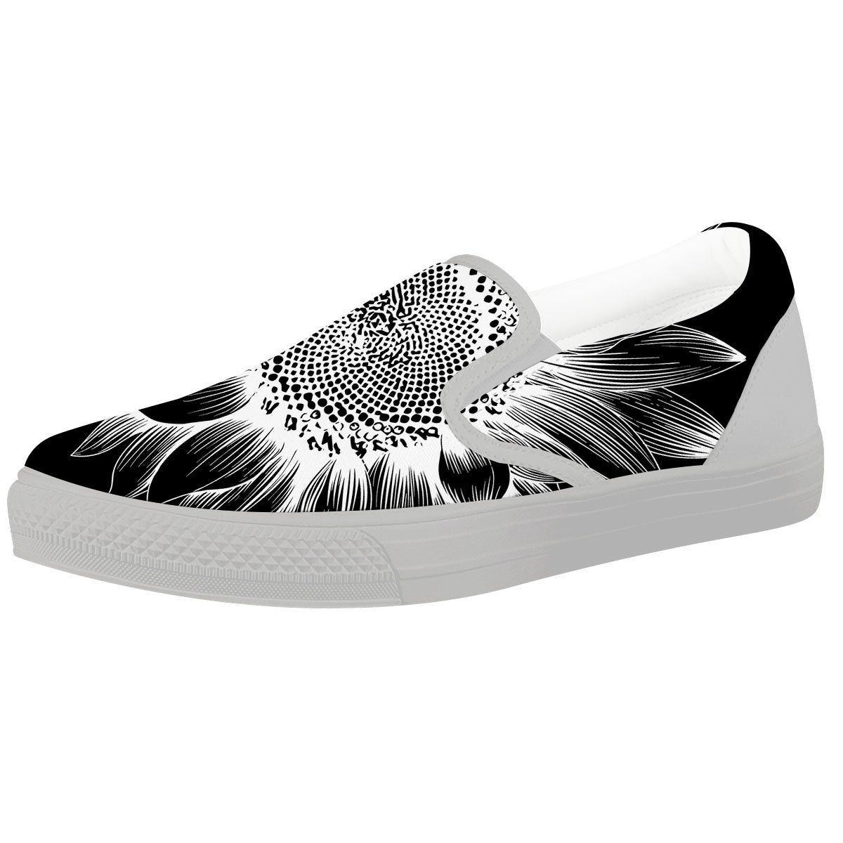 Vintage Sunflower White And Black Print White Slip On Shoes-grizzshop