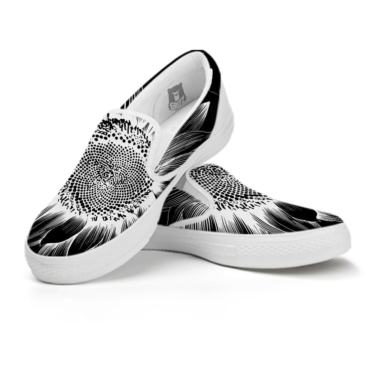 Vintage Sunflower White And Black Print White Slip On Shoes-grizzshop