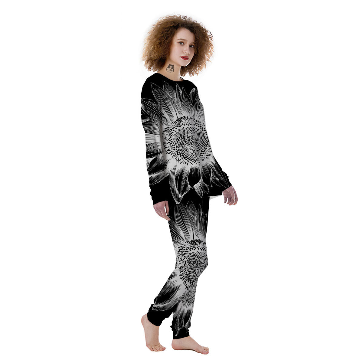 Vintage Sunflower White And Black Print Women's Pajamas-grizzshop