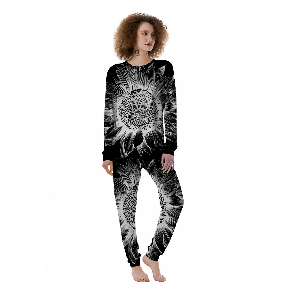 Vintage Sunflower White And Black Print Women's Pajamas-grizzshop