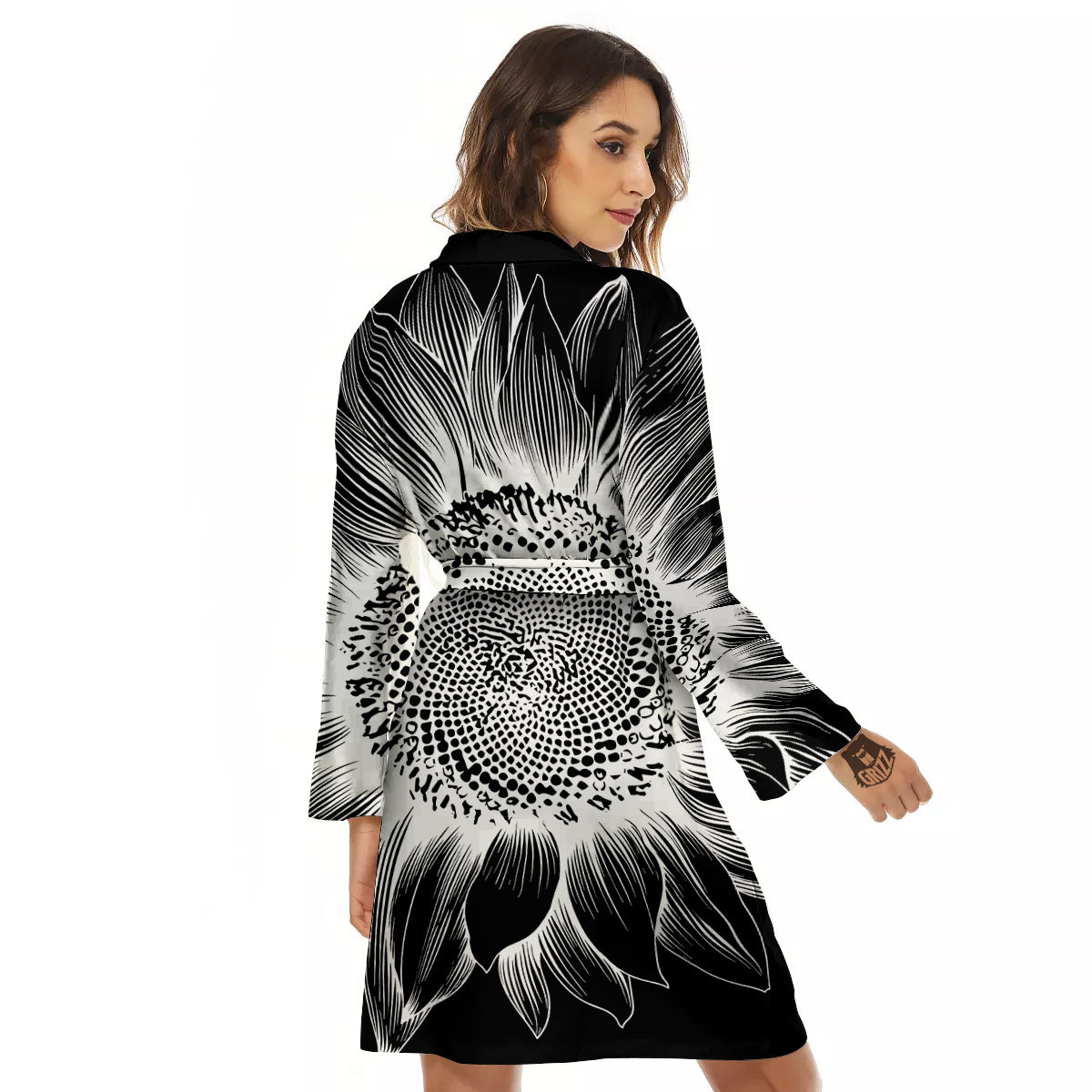 Vintage Sunflower White And Black Print Women's Robe-grizzshop